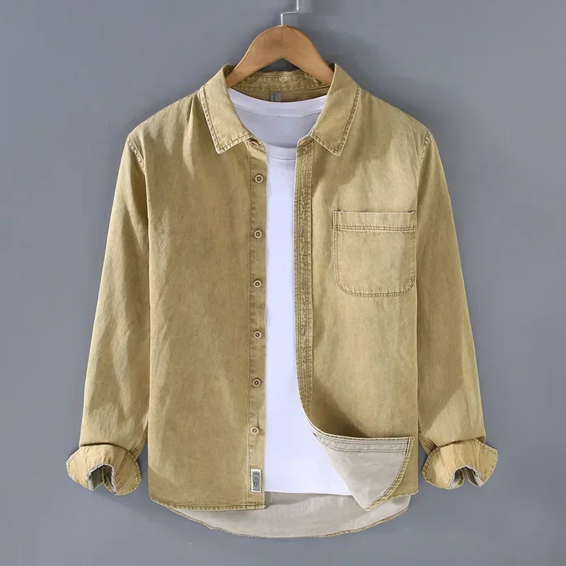 

Japanese Retro Denim Shirt Men Long Sleeve Spring Fall High Street Washed Green Jean Shirts Male Casual Pure Cotton Cowboy Tops