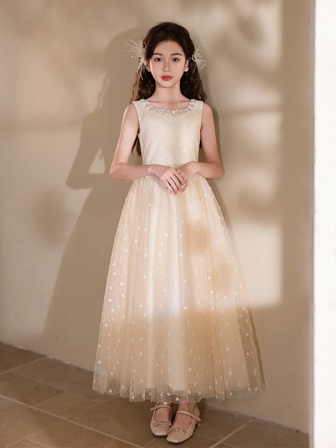 Girls Top Neckline 3D Beaded Tulle Flower Girl Dress Eid Dress Small Concert Dress Dress Set / Custom