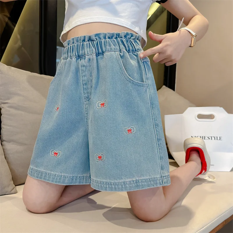 New Summer Girls' Bowknot Shorts Frill Embroidered Loose Breathable Wide Leg Straight Shorts Fashion Casual Shorts 6-15 Years