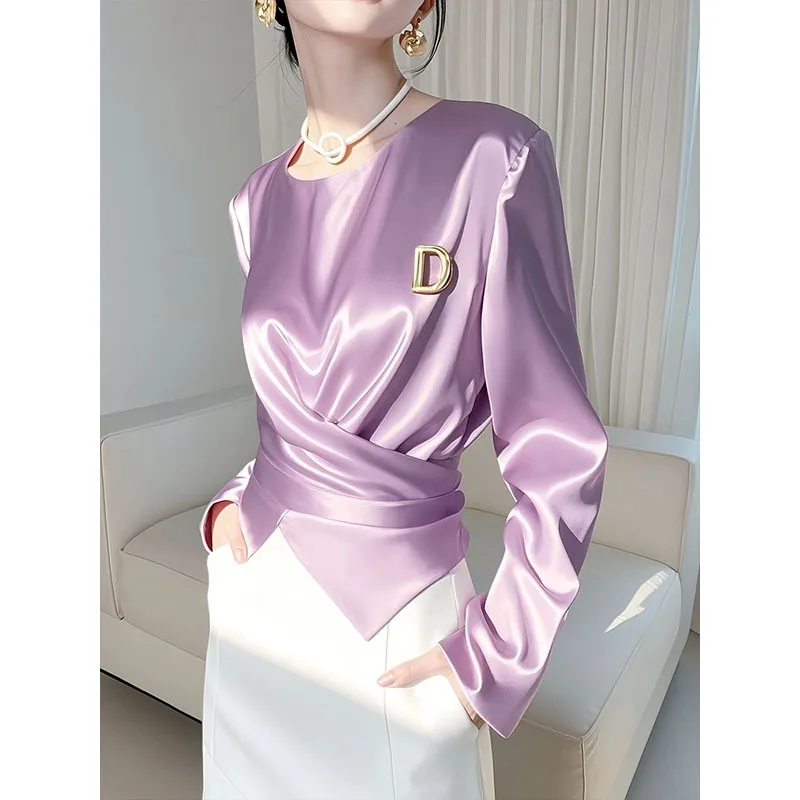 

Ele Purple Silk Long Sve irt Women's Early Spring Design Korean Chic Crossbody Faionable Top Ladies Commute Sle