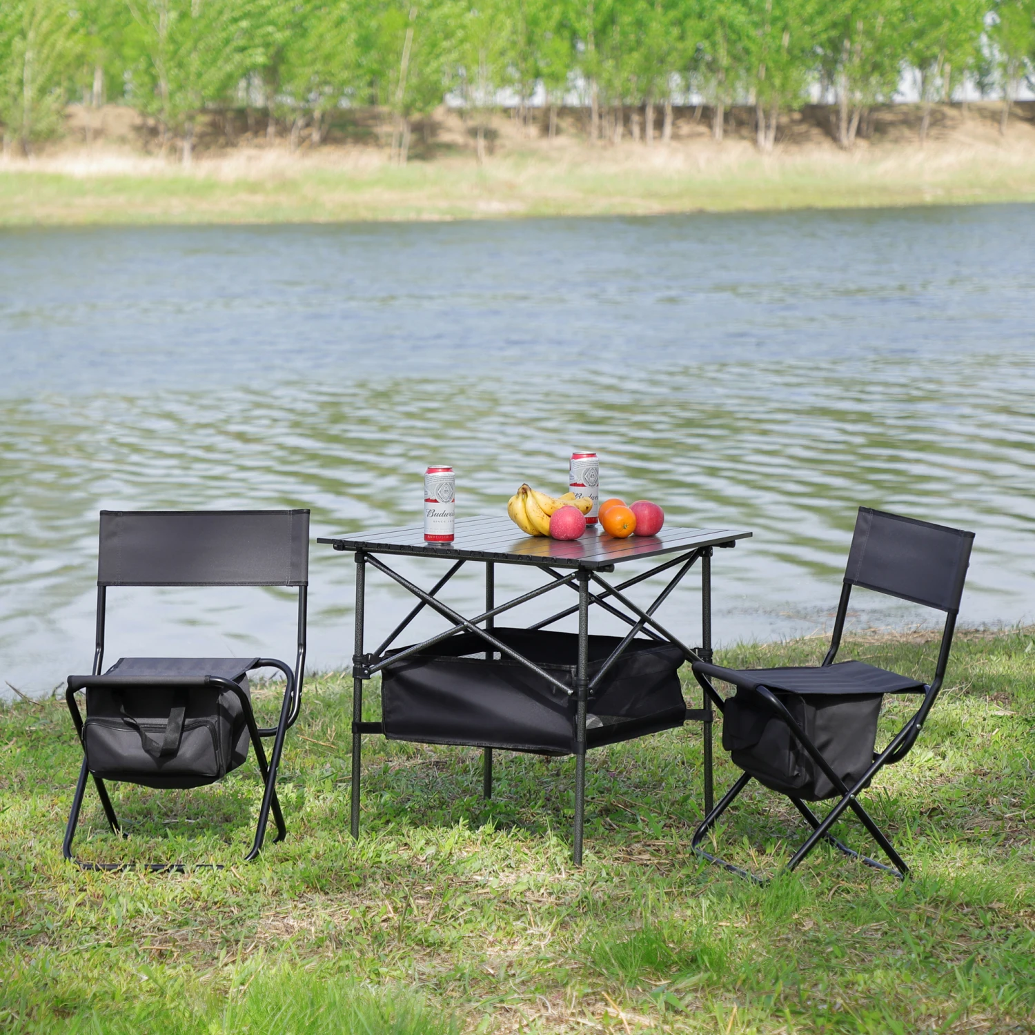 

Folding Outdoor Table and Chairs Set for Indoor/Outdoor Use, Camping, Picnics, Beach, Backyard - Black/Gray