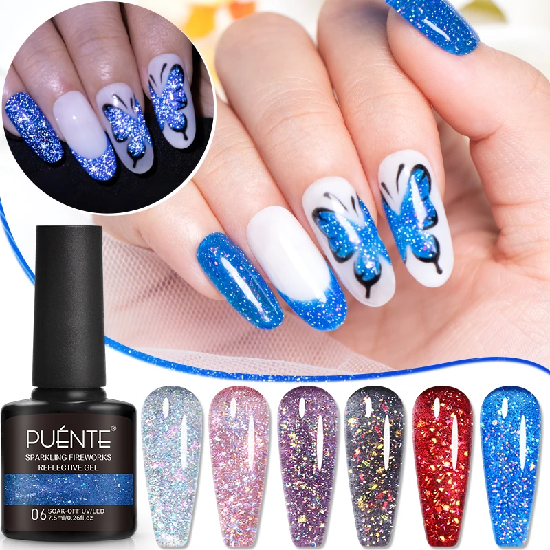 PUENTE 7.5ML Sparkling Fireworks Reflective Glitter Gel Nail Polish Dark Flashy Super Shiny Soak Off Semi-Permanent Nail Varnish