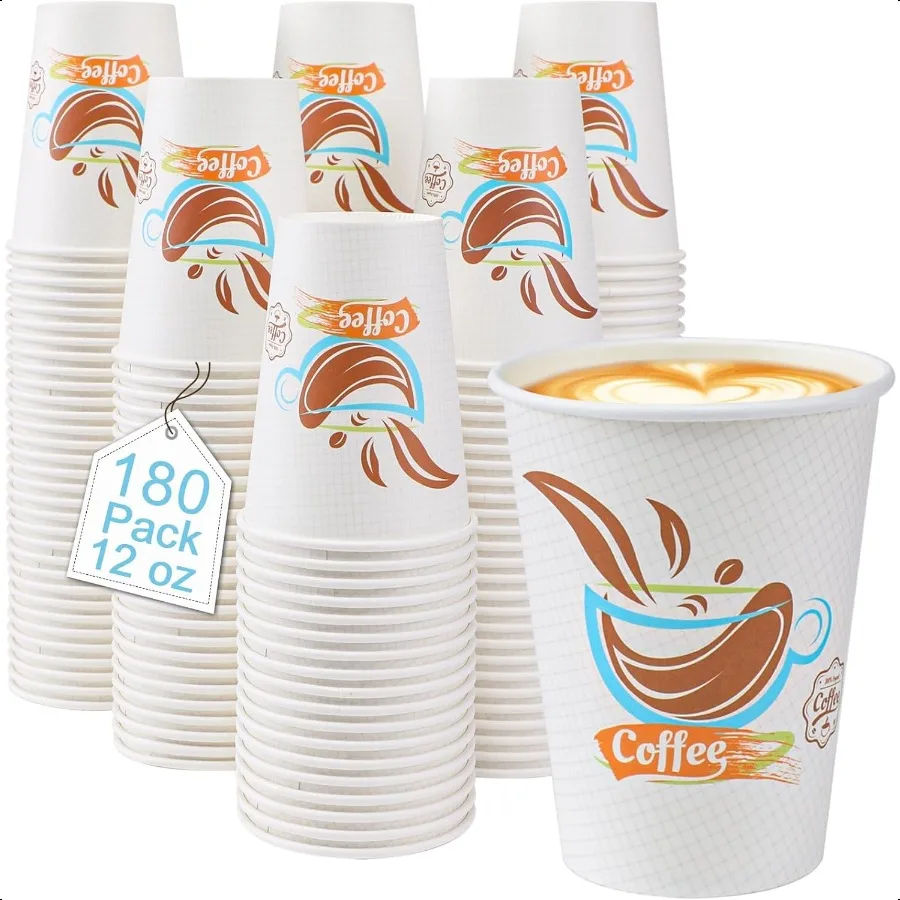 

12 OZ Coffee Cups 180 Pack Hot Paper Cups for Drinks Insulated Leakproof Cup for Cafe Office and Home