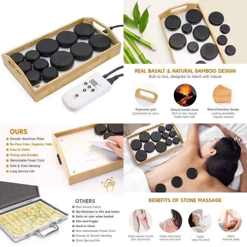 for Electric Massage Stone Heater Bamboo Tray with 12 Xuanwu Stones Kit 220V 110V Temperature Control Waterless Heating