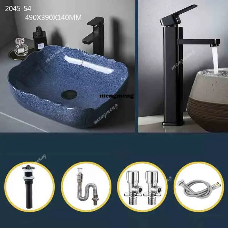 Bacia de mesa de arte pia quadrada azul única bacia personalidade criativa lavatório de banheiro pias de bancada de cerâmica com escorredor