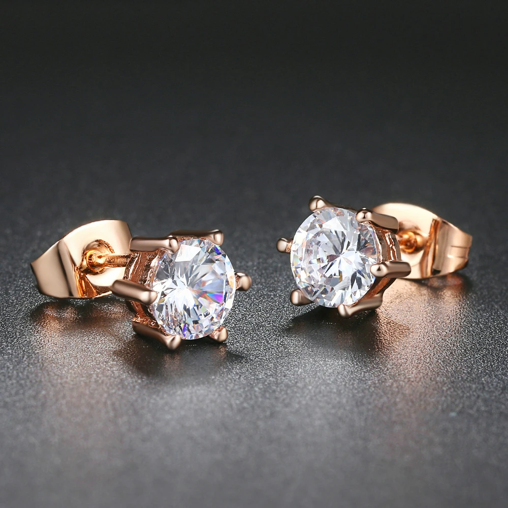 ZHOUYANG stadniny kolczyki dla kobiet klasyczne sześć pazury 5mm 0.5ct okrągłe cięta sześcienna cyrkonia różowe złoto kolor moda biżuteria ZYE036