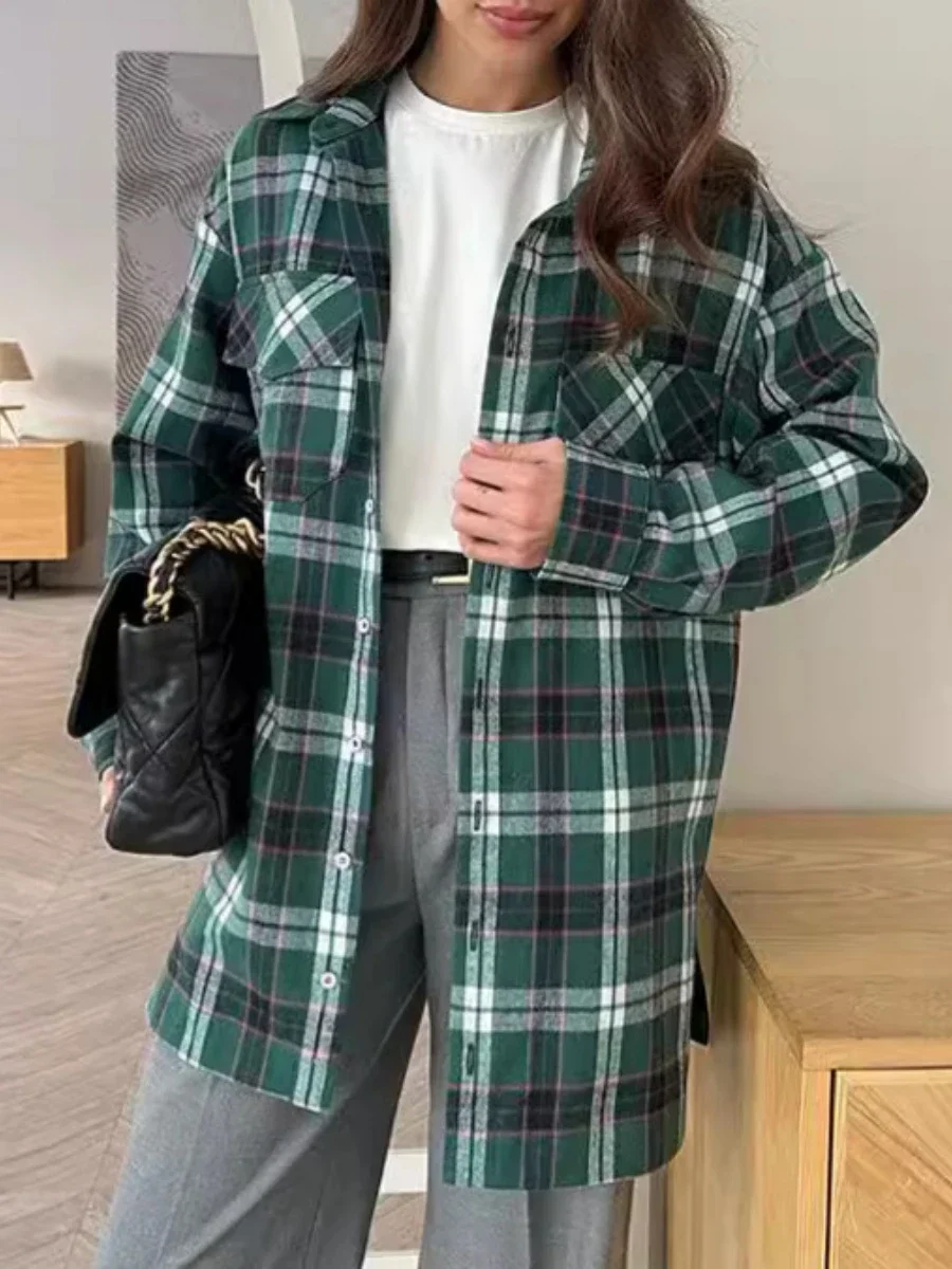 Bornladies Autumn Winter Casual Fashion Green Grid Shirt Cotton Retro Top New Long Sleeved Cardigan Design For Women's Outerwear