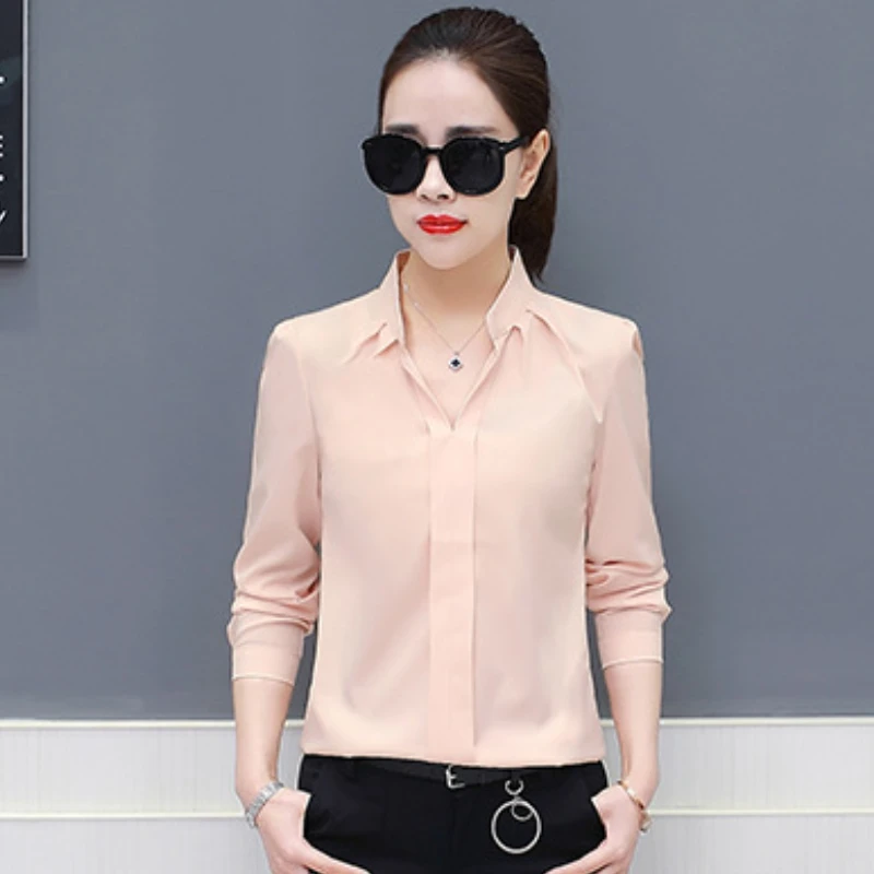 Women Shirt Chiffon Clothes Solid Color Long Sleeved Tops Autumn Winter Office Lady Blouse Slim Fitting Casual Shirt Plus Size