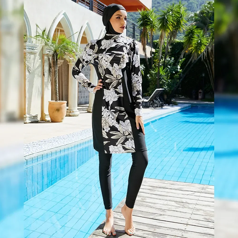 

3 Piece Set Swimwear Women Muslim Swimsuit Burkini Islam Bathing Suit Swimming Costumes Print Beachwear Maillot De Bain Borkini