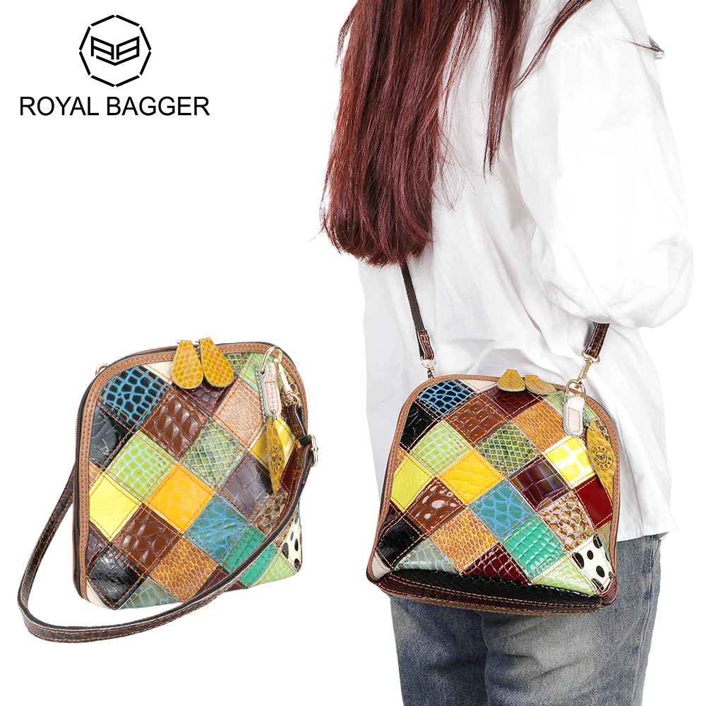 

Royal Bagger Genuine Leather Crossbody Bags, Colorful Stitching Plaid Satchel Purse, Luxury Shoulder Bag for Women 1767