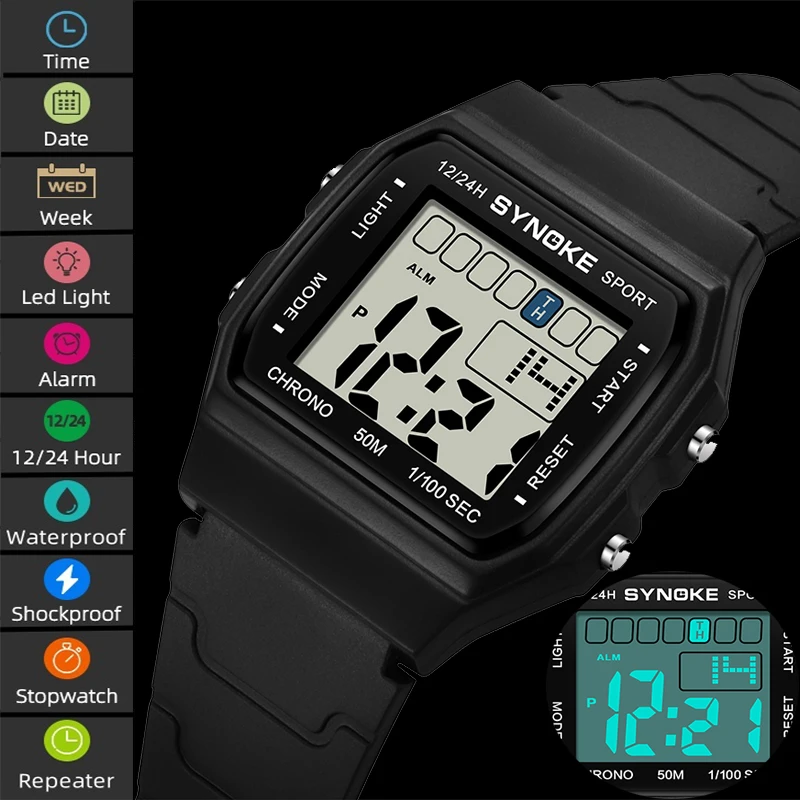 Synoke Waterproof Digital Sport\'s Watches PU Strap Retro Simple 12/24 Hour Display Men\'s Multifunction Led Chronograp Wristwatch