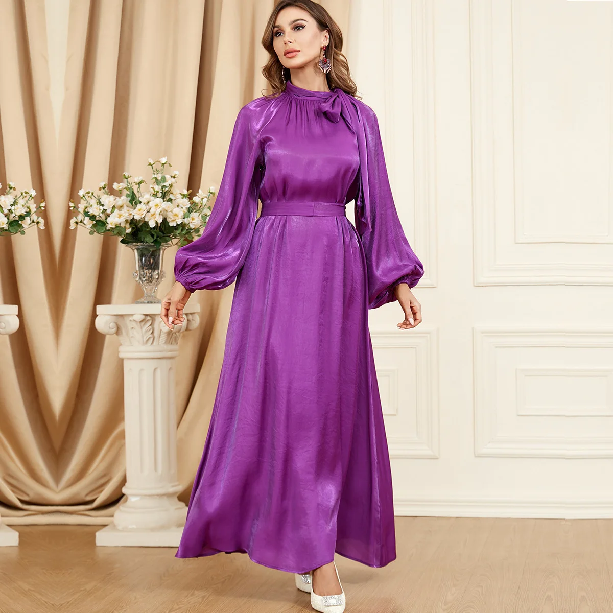 3349 Women's Arabic Apparel New Lace up Solid Long Sleeve Dress