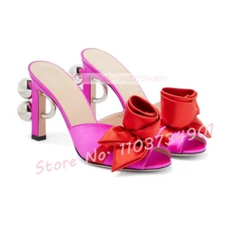 Satin Flower Open Toe Slippers Female Mixed Colors Metal Ring Block High Heels Mules Ladies Summer Casual Lovely Heels Shoes