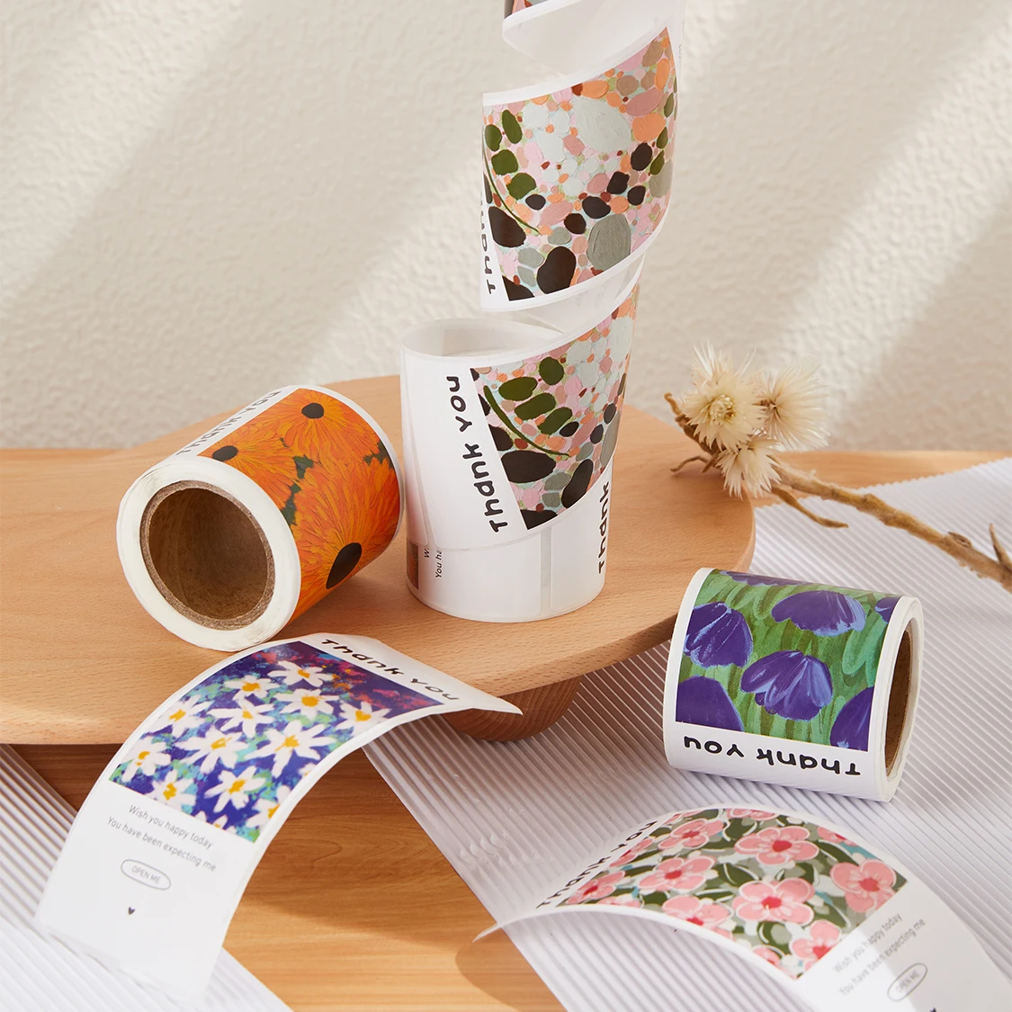 Flower Oil Painting Stickers Square Thank You Sealing Paste Aircraft Box Exquisite Gift Box Decoration Stickers 50Pcs/Roll
