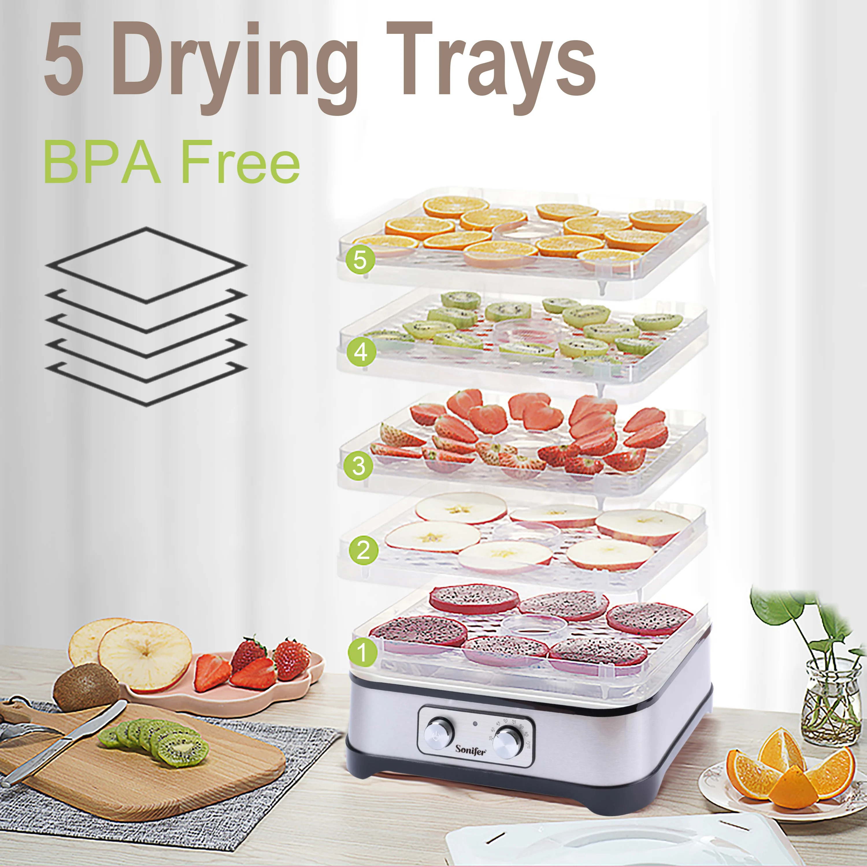 BPA FREE 5 Trays Food Dryer Dehydrator with Digital Timer and Temperature Control for Fruit Vegetable Meat Beef Jerky Sonifer