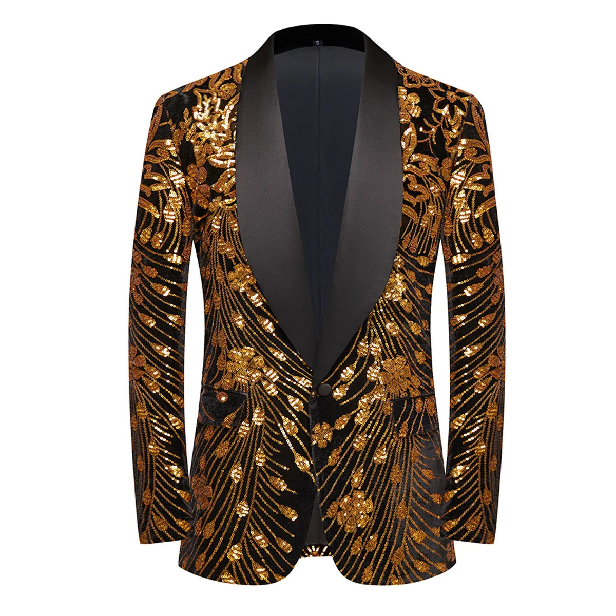 Luxury Men Groom Wedding Banquet Suit Jacket Gold Sequins Gold Floral Embroidery Blazer Coat Shawl One Button Host Party Tuxedo