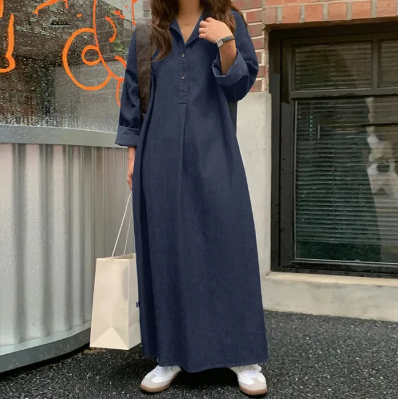 2024 New Muslim Dress Denim Net Color Temperament Commuter Cardigan Robe Bohemian Loose Long Women's Dress