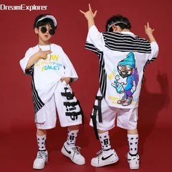 Boys Hip Hop T Shirt Girls Loose Cargo Shorts Clothing Sets Kid Summer Cartoons Print Cool Tee Street Dance Jazz Child Costumes