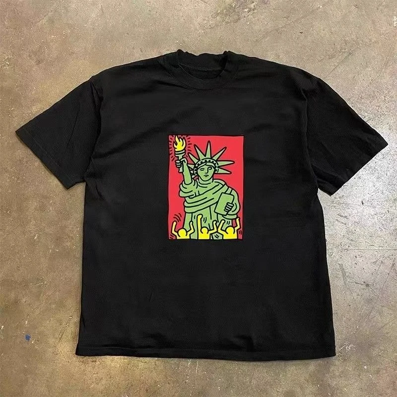 

100_ Футболка из чистого хлопка в американском милом европейском и американском стиле с принтом для пары, корейская версия, с коротким рукавом Tide