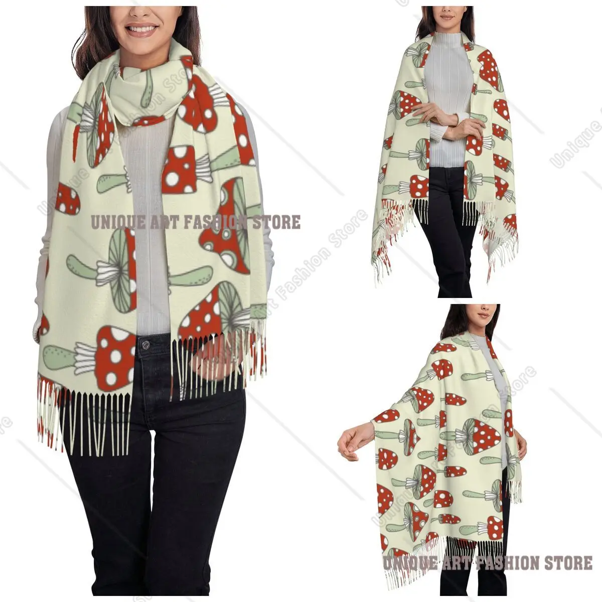 Mushroom Pattern Red Shawls Wraps for Ladies Warm Large Soft Scarf Psychedelic Cartoon Neckerchief Shawl Scarves