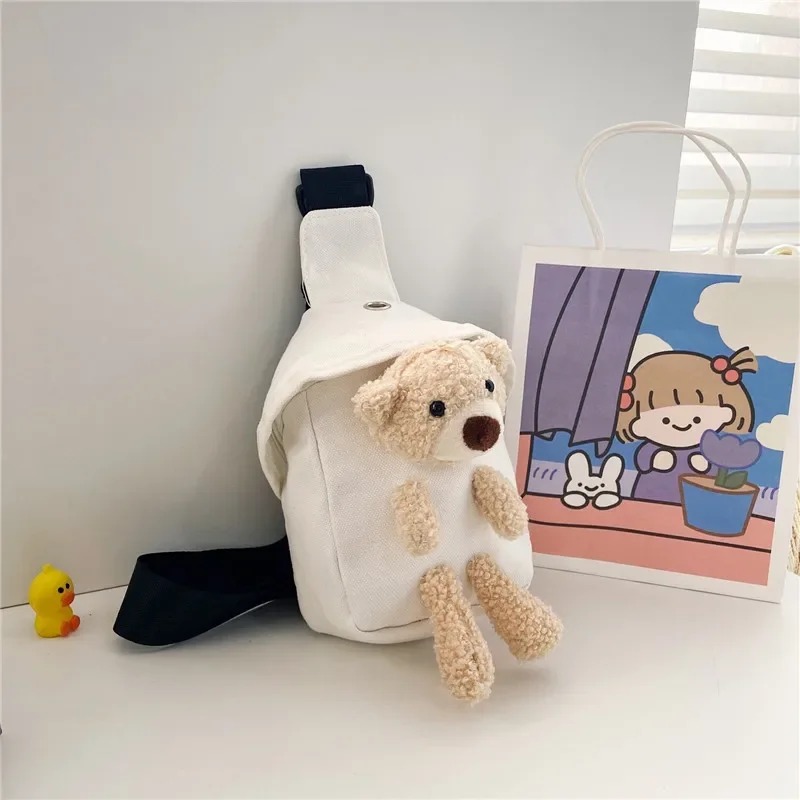 Bolso cruzado de dibujos animados para niños, bolsa de pecho de oso de peluche, bolsa de mensajero de lona bonita, paquete de cintura con cremallera para exteriores