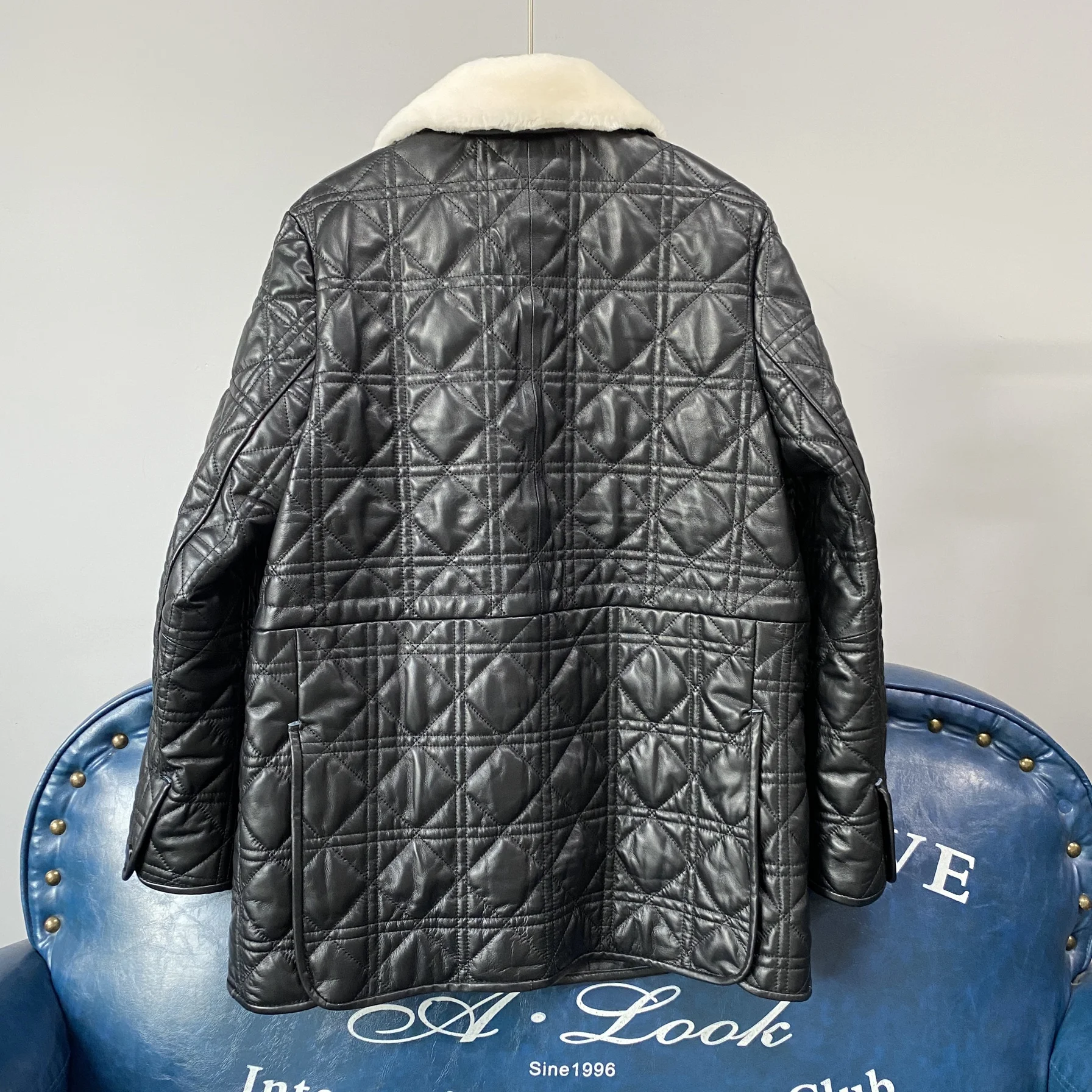 レディース ダイヤモンド柄 薄手コットン 本革ジャケット ウインドブレーカー ミドル丈コート 暖かいシープスキン アウターコート