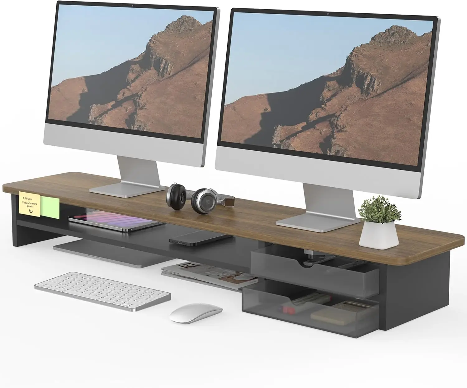 

Dual Monitor Stand with Drawers, 42.5-inch Large Wood & Acrylic Desktop Organizer for Computer and Laptop