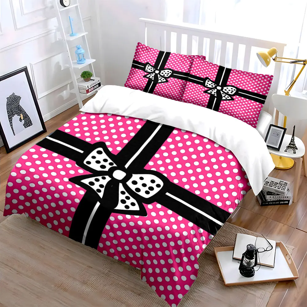 3Pcs Pink Polka Dot Gift Box Bedding Set, Cute Present with Bow Print Duvet Cover + 2 Pillowcases, Girly Decor