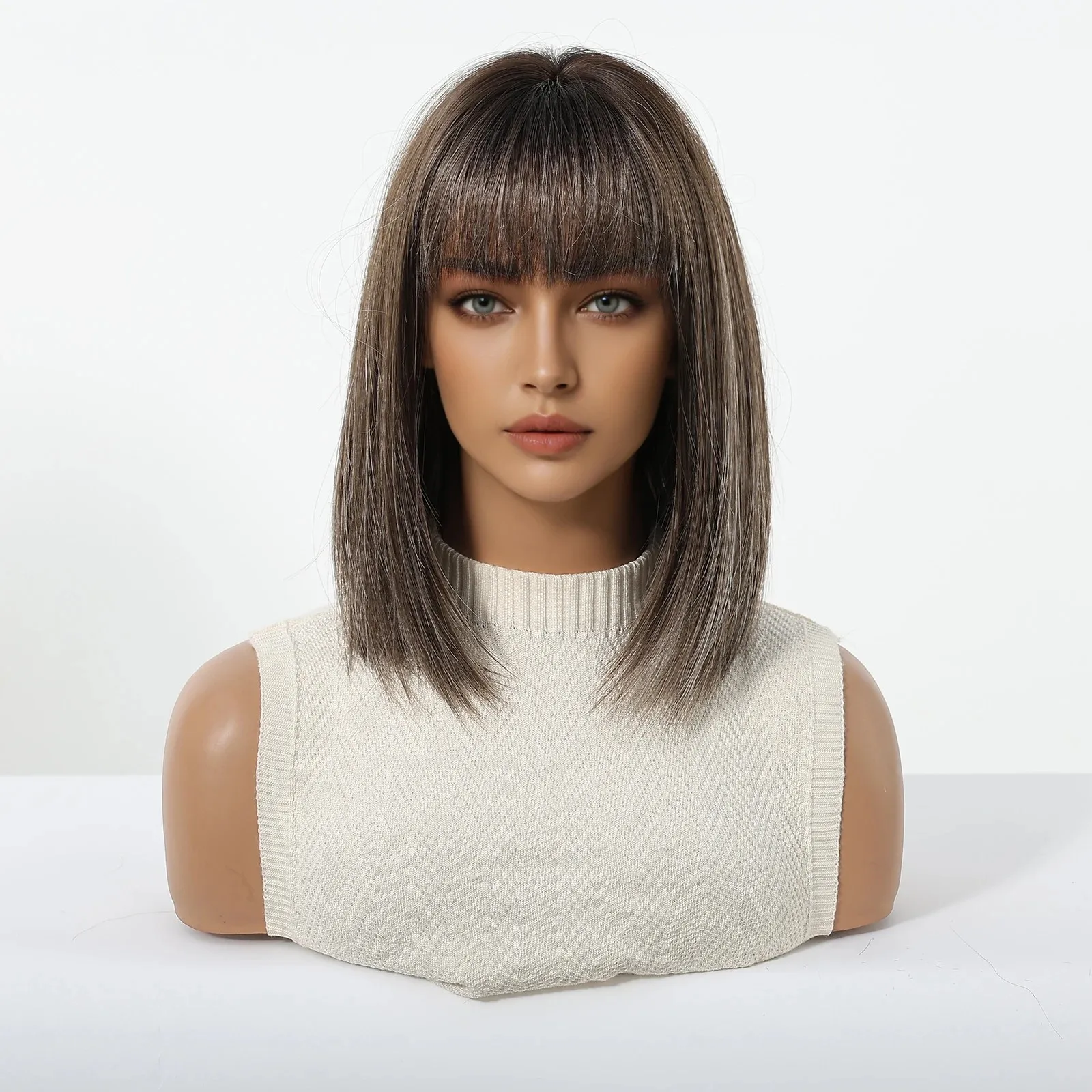 

Short Straight Bob Synthetic Wigs for Women Dark Brown Highlights Hair Wigs