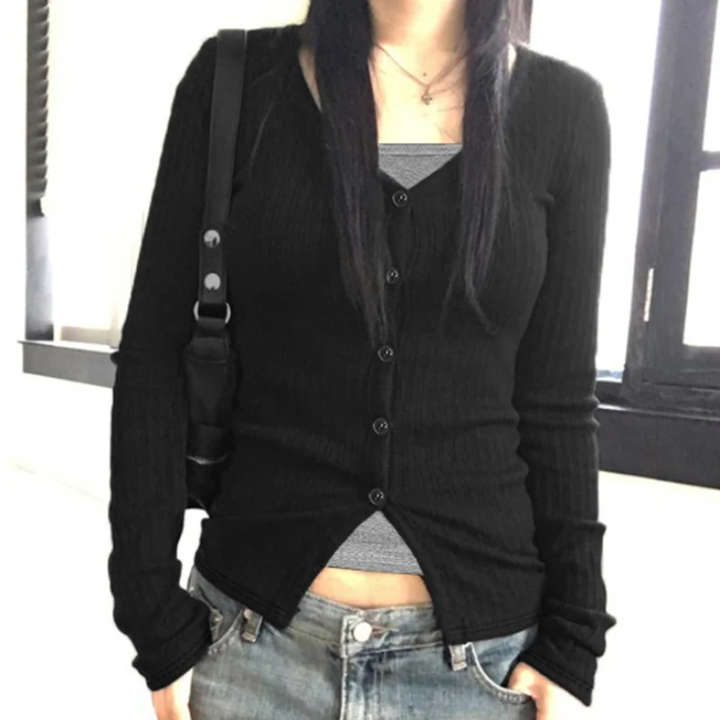 

SUCHCUTE Casual Fake Two Piece Long Sleeve T-Shirts Fashion Single-breasted Top Tee 2025 Fall Women Clothes Harajuku Solid Tops