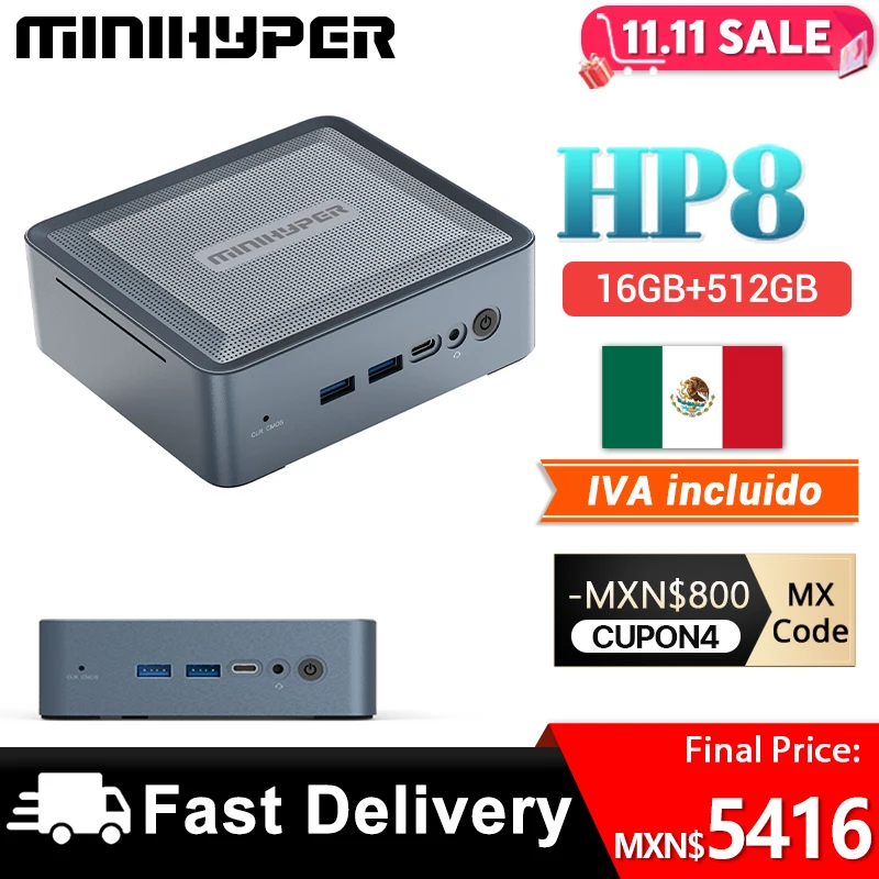 Мини-ПК MiniHyper HP8, AMD Ryzen 7 5800U, ЦПУ, 16 Гб памяти, SSD NVME, 512 ГБ постоянного тока, USB, HDMI, аудиоразъем Type-C