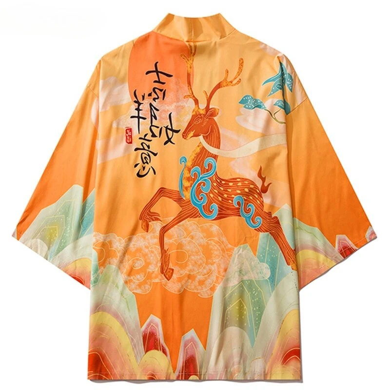 النمط الصيني الملابس الآسيوية سيكا الغزلان طباعة قميص ثوب الكيمونو الياباني Harajuku يوكاتا النساء الرجال سترة تأثيري الشاطئ القمم