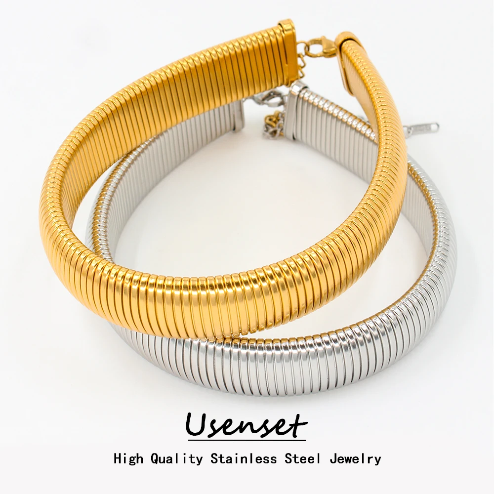 USENSET Flexible Elastic Stainless Steel Choker Unisex Textured Thick Necklace Charm Neck Jewelry Waterproof