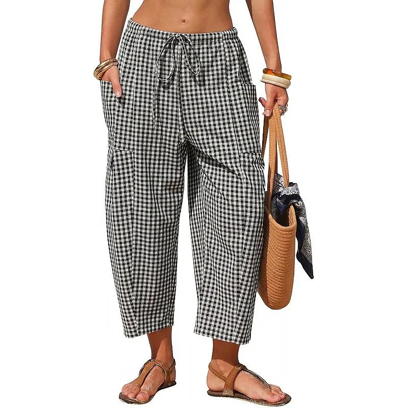 Linen Plaid Capri Pants Wide Leg Pants with Pockets Summer Beach Vacation Drawstring Harem Pants