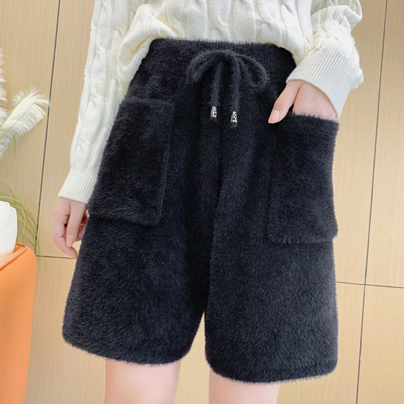 기질 패션 가을 겨울 새로운 모직 여성 솔리드 탄성 높은 허리 주머니 Drawstring 세련된 느슨한 a 라인 와이드 레그 반바지