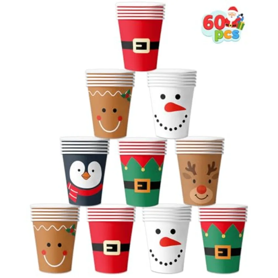 

60 рождественских стаканчиков Рождественские одноразовые бумажные стаканчики с рисунком Санта-Лося, снеговика, пингвина, 9 унций, праздничная посуда для напитков, идеально подходит для
