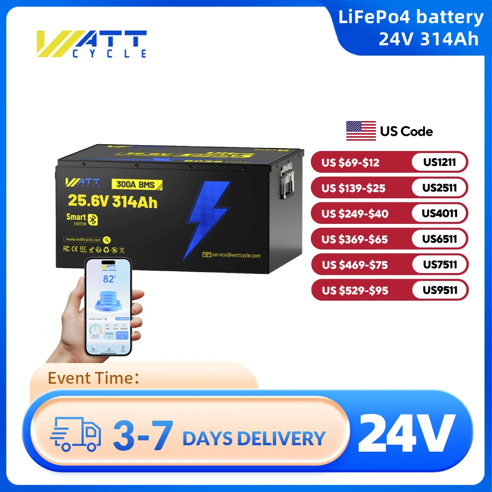 Wattcycle بطارية ليثيوم فوسفات الحديد 24 فولت 314Ah الترا بلوتوث 8038Wh ل RV/شاحنات/سيارة بجولة/ خارج الشبكة/تخزين المنزل