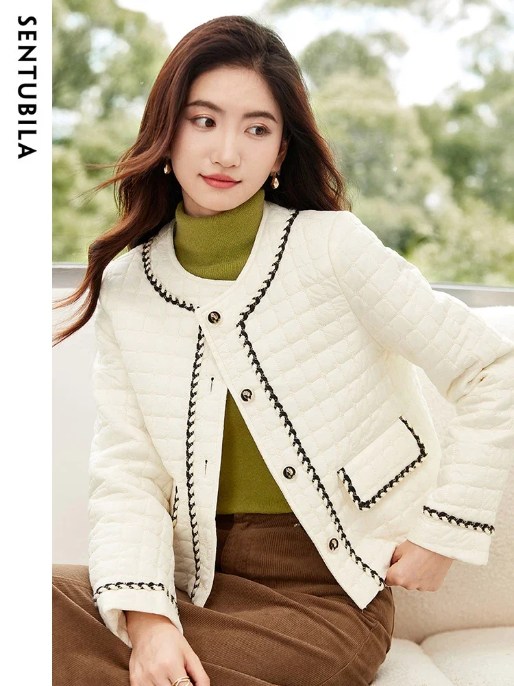 

SENTUBILA Contrast Crop Parkas Jackets for Women 2024 Winter Crew Neck Cotton Padded Jacket Fashion Warm Outerwear Top W34M51359