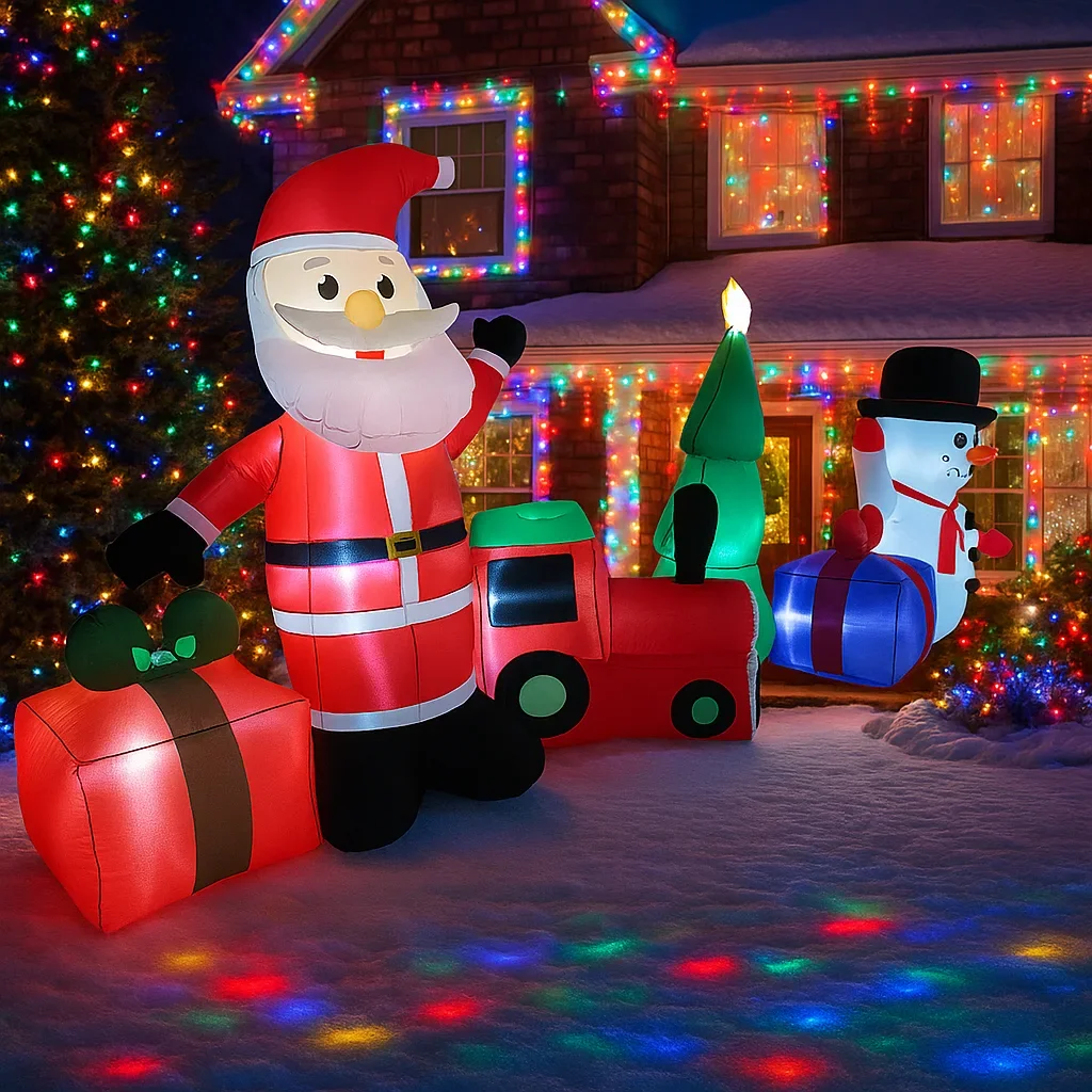 2,7 M/8,8 pies inflable Santa Claus muñeco de nieve tren luces de regalo LED decoración del hogar juguetes patio adornos de Navidad decoración de iluminación de vacaciones