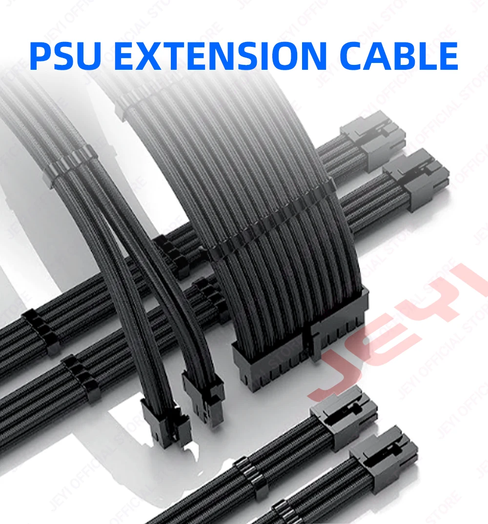 JEYI Netzteil-Verlängerungskabel-Set – 24-poliges ATX + 8-poliges EPS + 6 + 2-poliges PCIe, 18 AWG-Kupferdraht mit hochwertigem geflochtenen Schlauch und Kabelkämmen – Detail 1