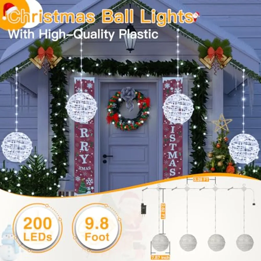 Christmas Lights Outdoor 4Pack 7.87inch Cool White 200 LED Ball Light with Plug in Remote 8 Modes IP67 Waterproof Connectable S
