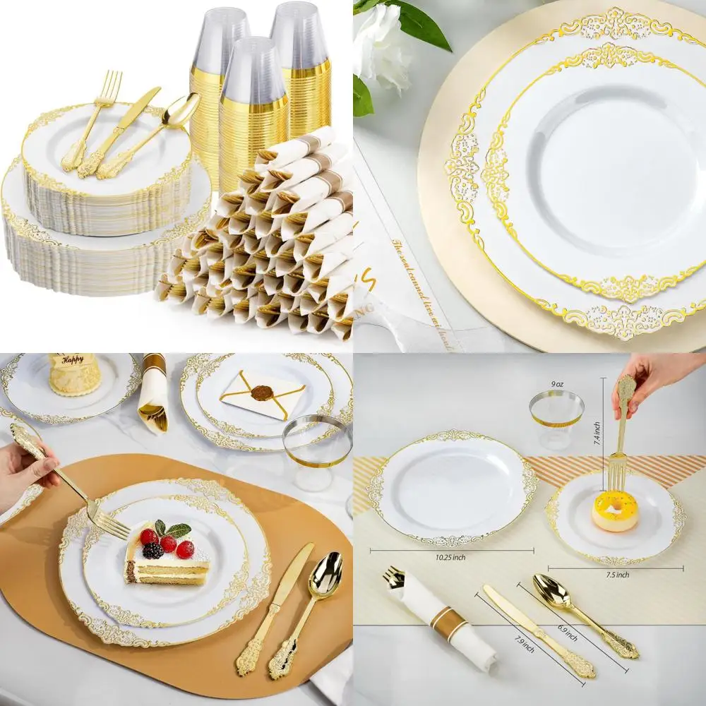 

Gold Disposable Dinnerware Set for 50 Guests: 350 Pieces Including 100 Gold Rim Plates, 50 Silverware, 50 Cups