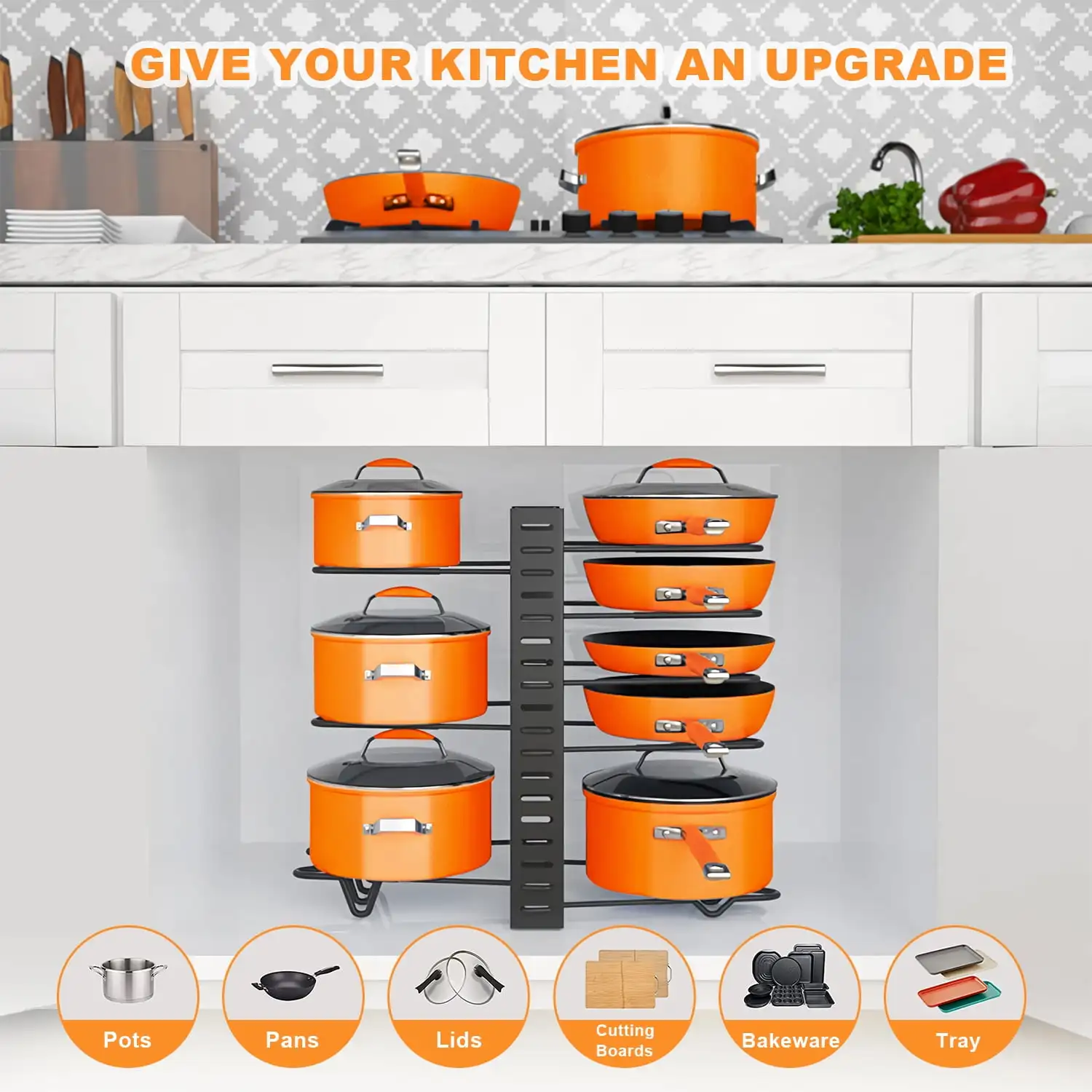 Pot storage rack 8-layer POTS and pans storage box Kitchen cabinet storage metal rack,for Christmas