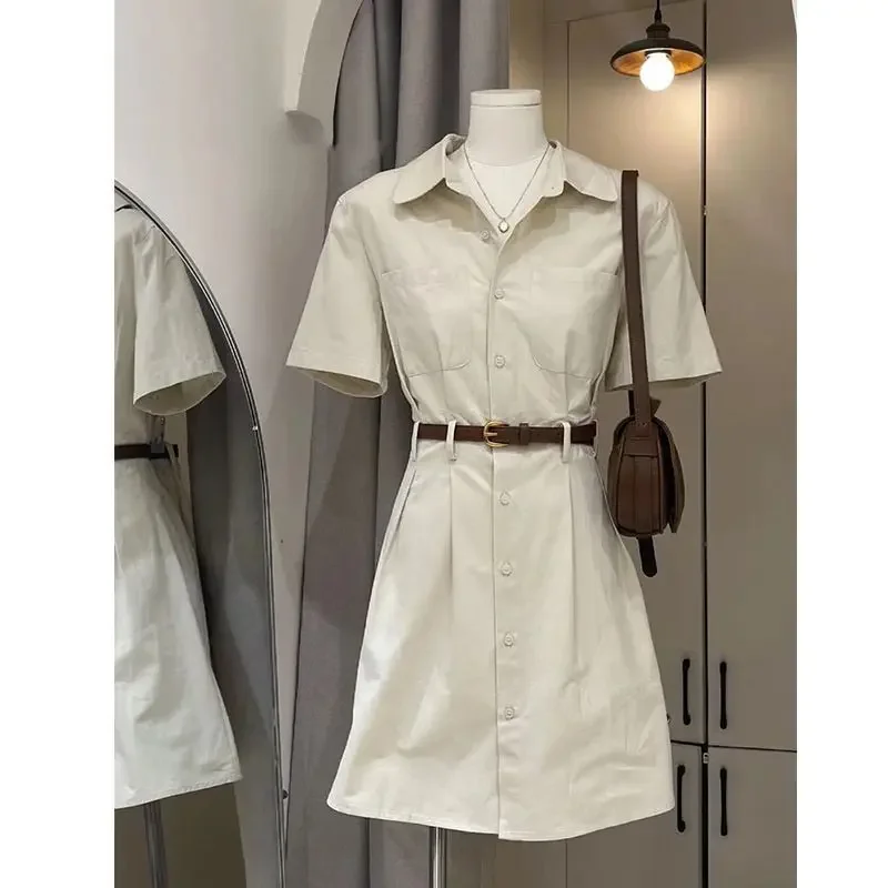 Apricot shirt skirt female 2024 summer new French retro literary fashion temperament Polo collar casual elegant Joker dress.