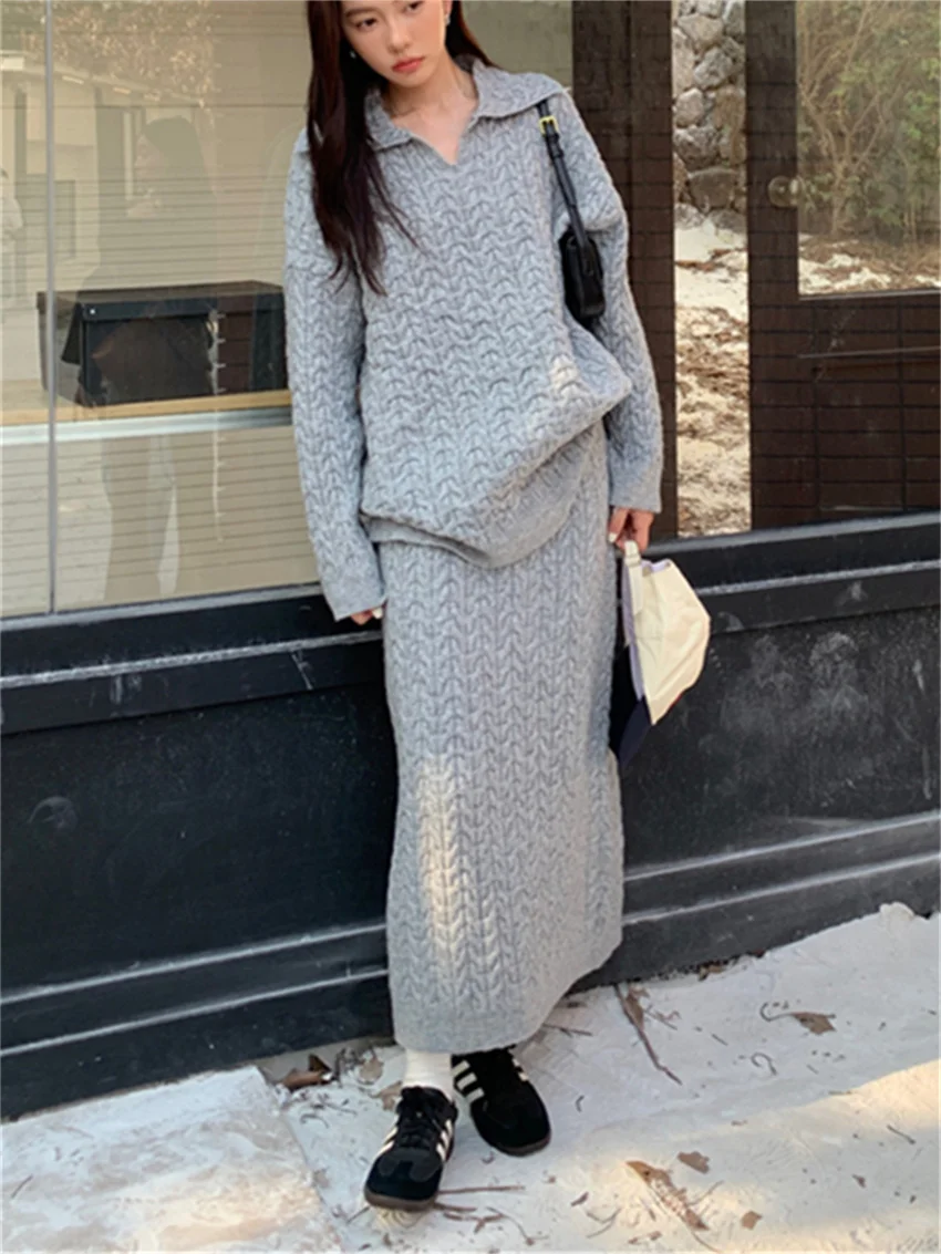 Alien Kitty Office Lady Knitted Women Sweaters Winter 2024 New Loose Long Skirts Gentle Casual Spring All Match High Street Suit