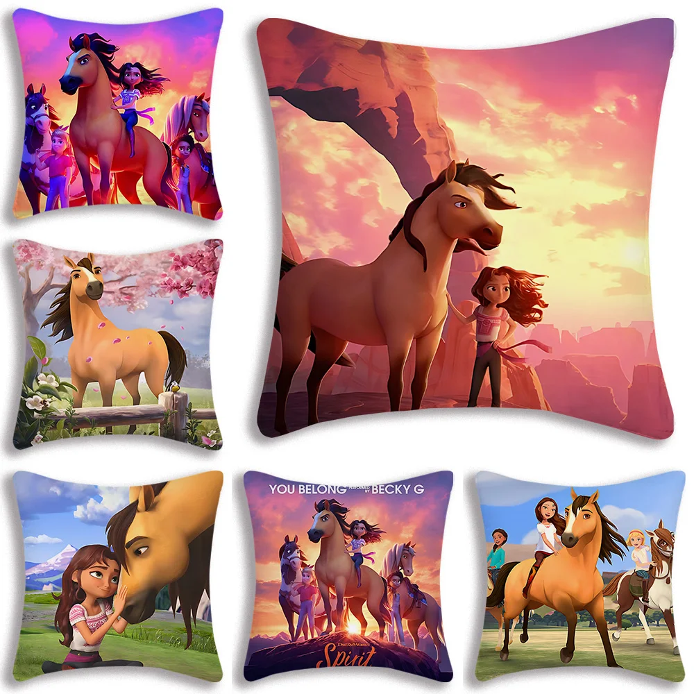 Spirit Riding Free Horses Pillow Covers Cartoon Sofa Decorative Home Double-sided Printing Short Plush Cute Cushion Cover