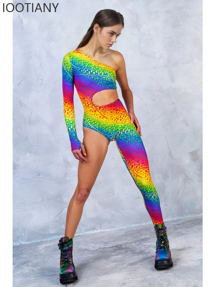 

IOOTIANY Halloween Woman Fashion Colorful Printed Jumpsuit Performance Rainbow Bodysuit Holiday Cosplay Party Medieval Costume