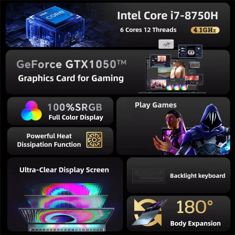 أجهزة كمبيوتر محمولة للألعاب Intel Core i7-8750H GTX1050 مقاس 16.1 بوصة كمبيوتر محمول محمول 32 جيجابايت DDR4 1 تيرا بايت ويندوز 11 صفقات لوحة المفاتيح بإضاءة خلفية