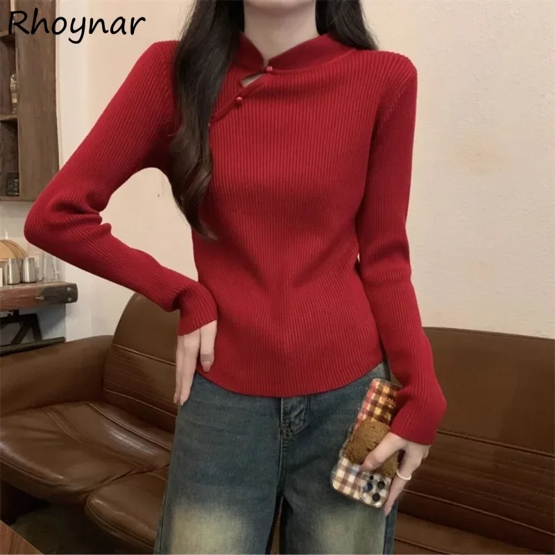 

Pullovers Women Autumn Graceful Sweater Tender Slimming Red Solid Simple All-match Hollow Out Basic Inner Tops Streetwear Unique