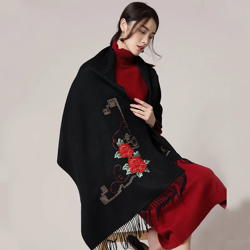 

Sheep Wool Embroidered Women Shawl Winter Lady Scarf Pashmina Autumn Warm Wrap Elegant Fashion Tassel Luxury Rectangular Scarves